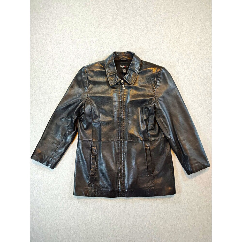 Style&co. Women's Black Genuine Leather Zip Front Mid-Length Jacket Size M